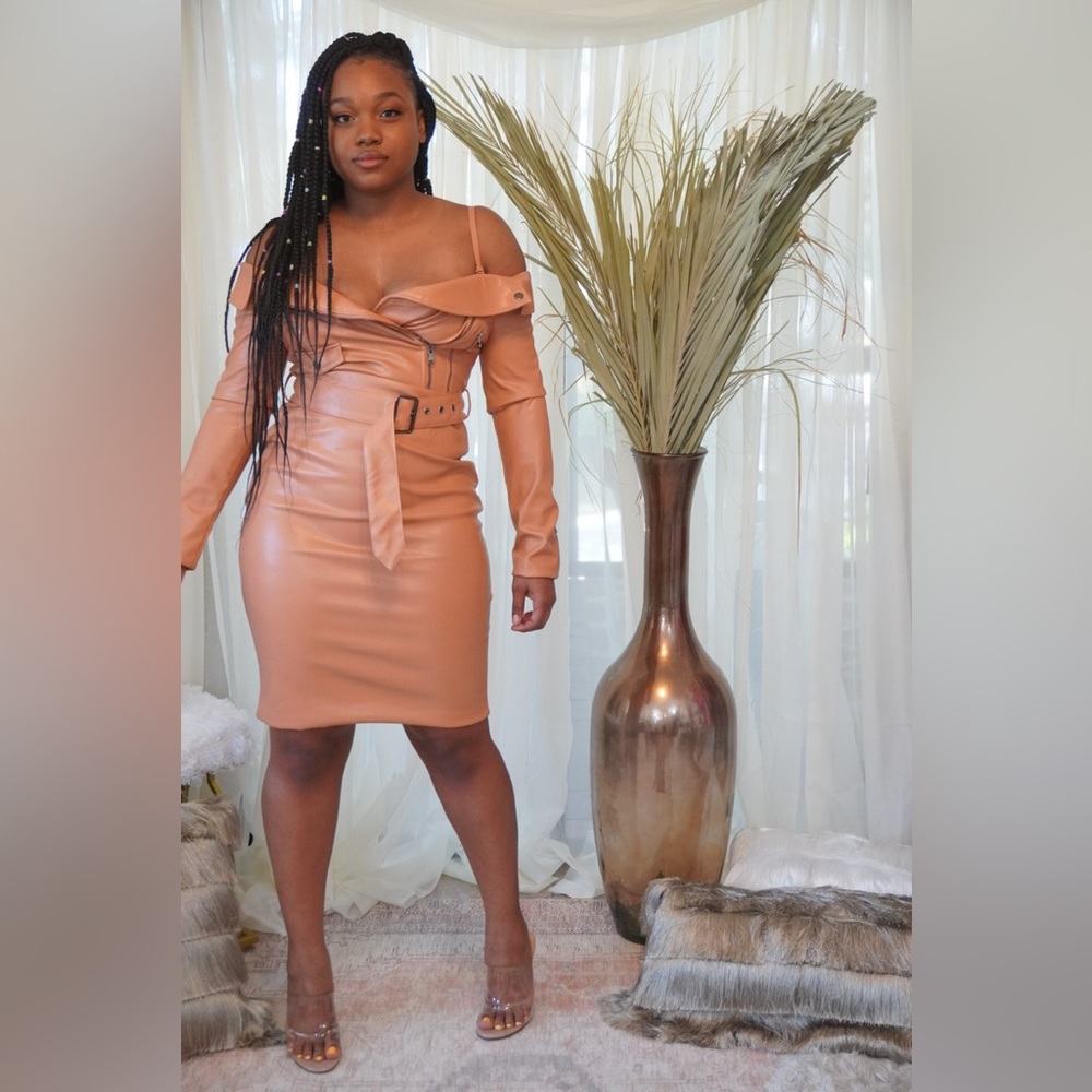 Nude Faux Leather Long Sleeve Bodycon Zipper Dress Buttered Babe